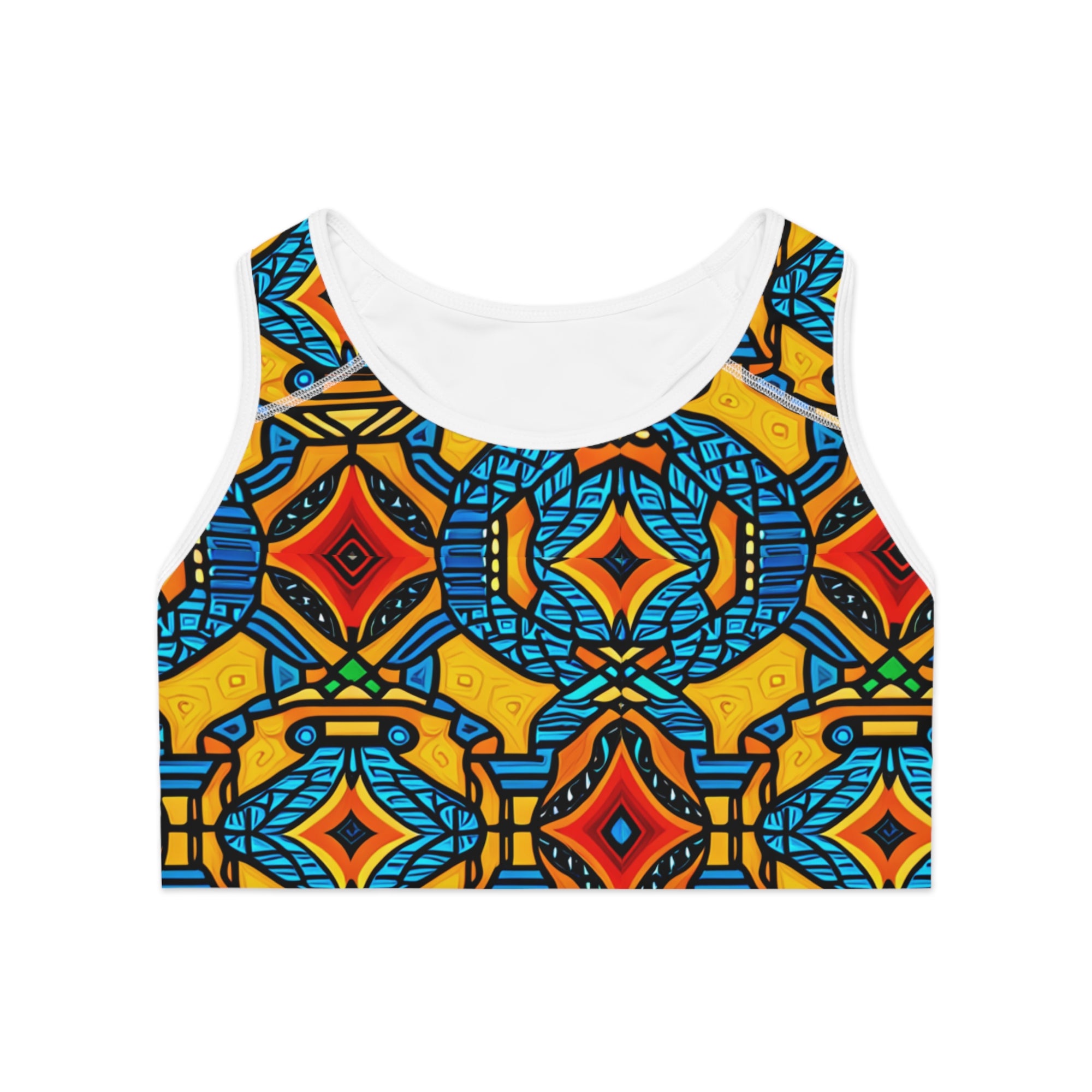 A vibrant African Print Sports Bra showcasing bold, colorful patterns inspired by African art. The sports bra features an all-over print (AOP) design, offering both style and support. Made from high-quality, stretchy material, it is perfect for active women engaging in activities like yoga, running, or high-intensity workouts. The comfortable fit and striking design make it a standout piece in any fitness wardrobe.