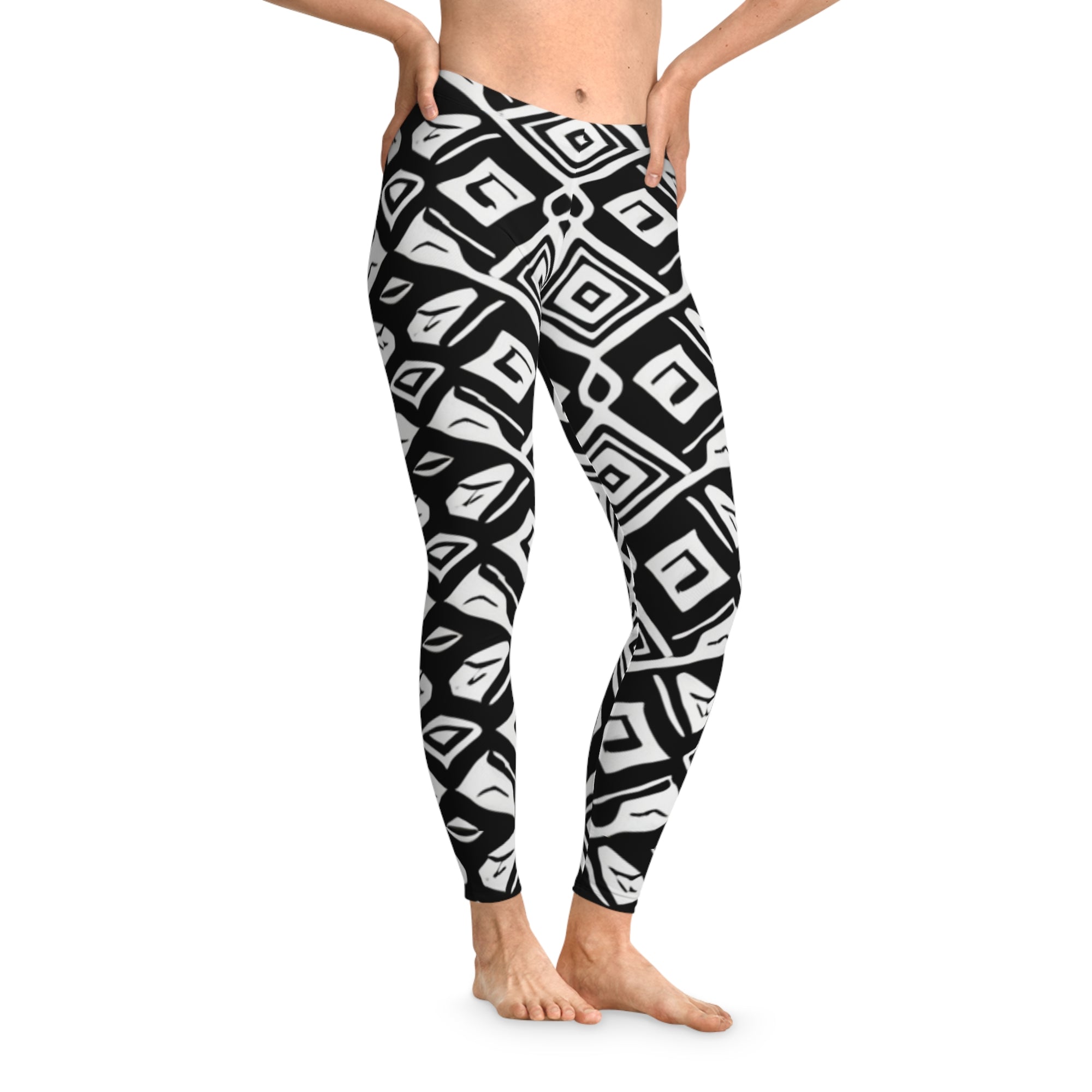 African Pattern Leggings - Bold Geometric Shapes in Black and White | AOP Style