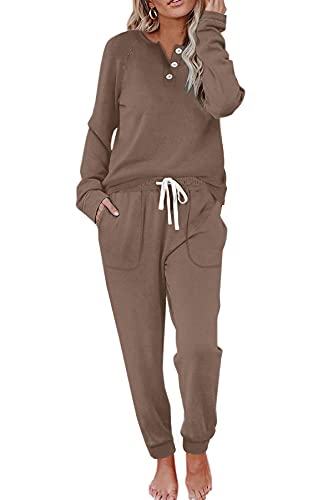 WIHOLL Women's Lounge Set - Long Sleeve Button Down Top & Drawstring Pants | Soft & Stretchy, Dark Grey