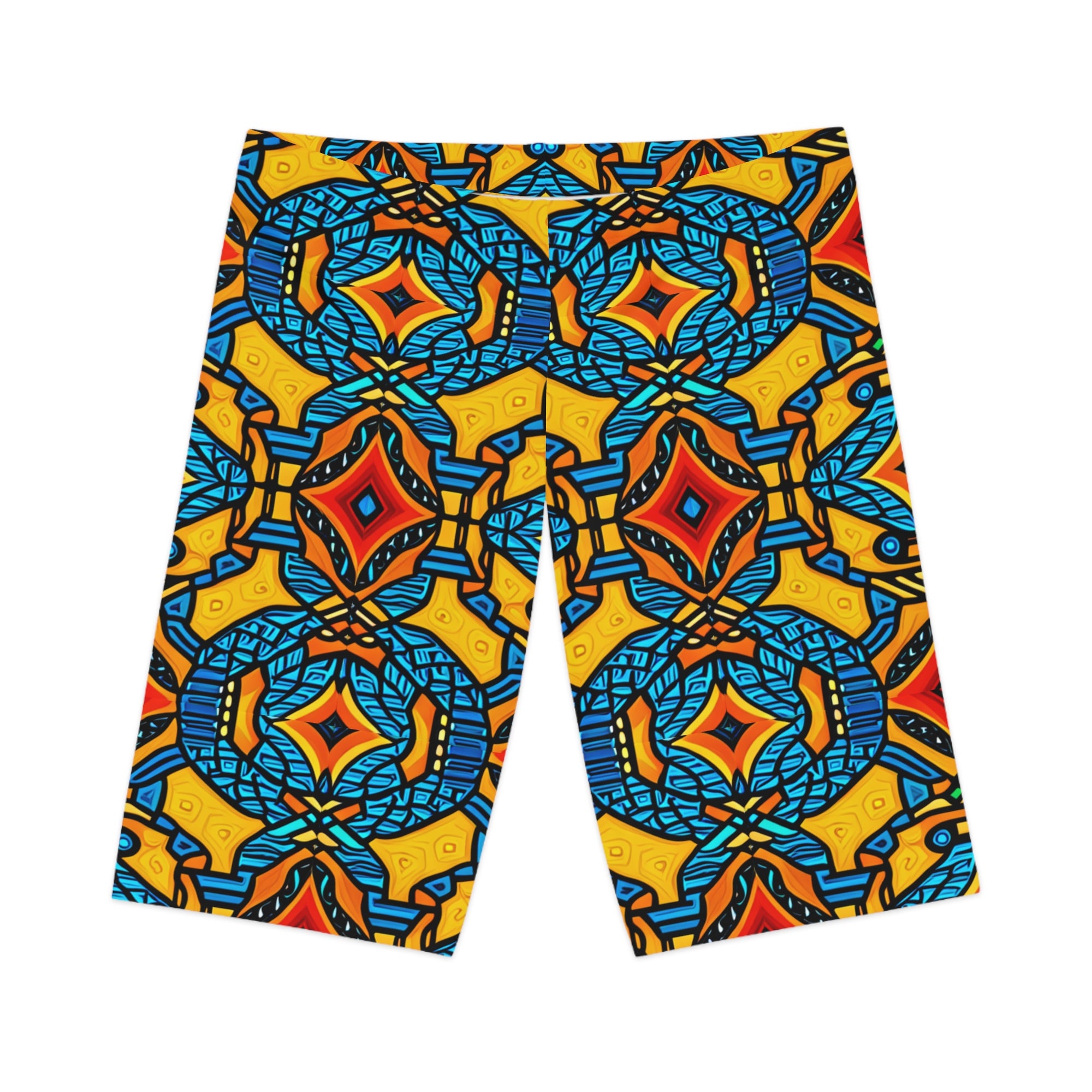 Stylish biker shorts featuring a vibrant African pattern with intricate geometric shapes and traditional motifs in bold, contrasting colors. These high-quality shorts are designed for both comfort and performance, providing a snug and flexible fit for cycling, workouts, or casual wear. The unique and eye-catching design adds a touch of cultural flair and modern elegance to any athletic wardrobe, making these biker shorts a standout piece for active individuals.