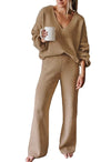 Viottiset Women&#39;s 2 Piece Outfits Casual V Neck Knit Wide Leg Sweater Lounge Set Sweatsuit Khaki Small