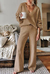 Viottiset Women&#39;s 2 Piece Outfits Casual V Neck Knit Wide Leg Sweater Lounge Set Sweatsuit Khaki Small