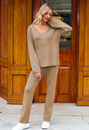 Viottiset Women&#39;s 2 Piece Outfits Casual V Neck Knit Wide Leg Sweater Lounge Set Sweatsuit Khaki Small