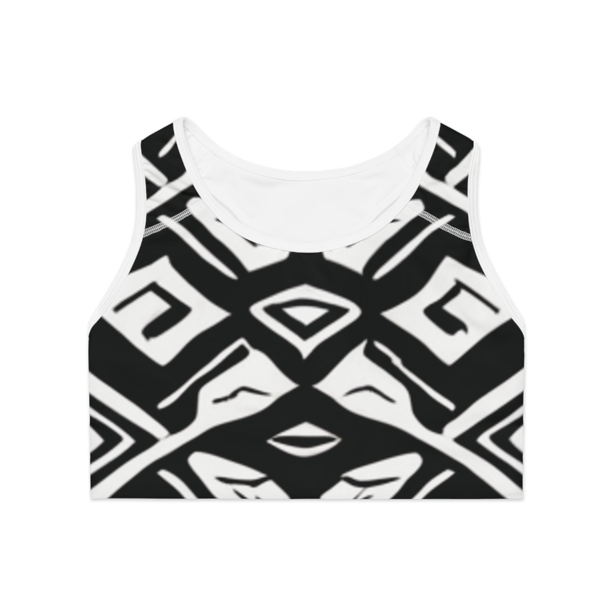 African Pattern Sports Bra - Bold Geometric Black & White Design | High Support & Comfort - ToniKay Creations